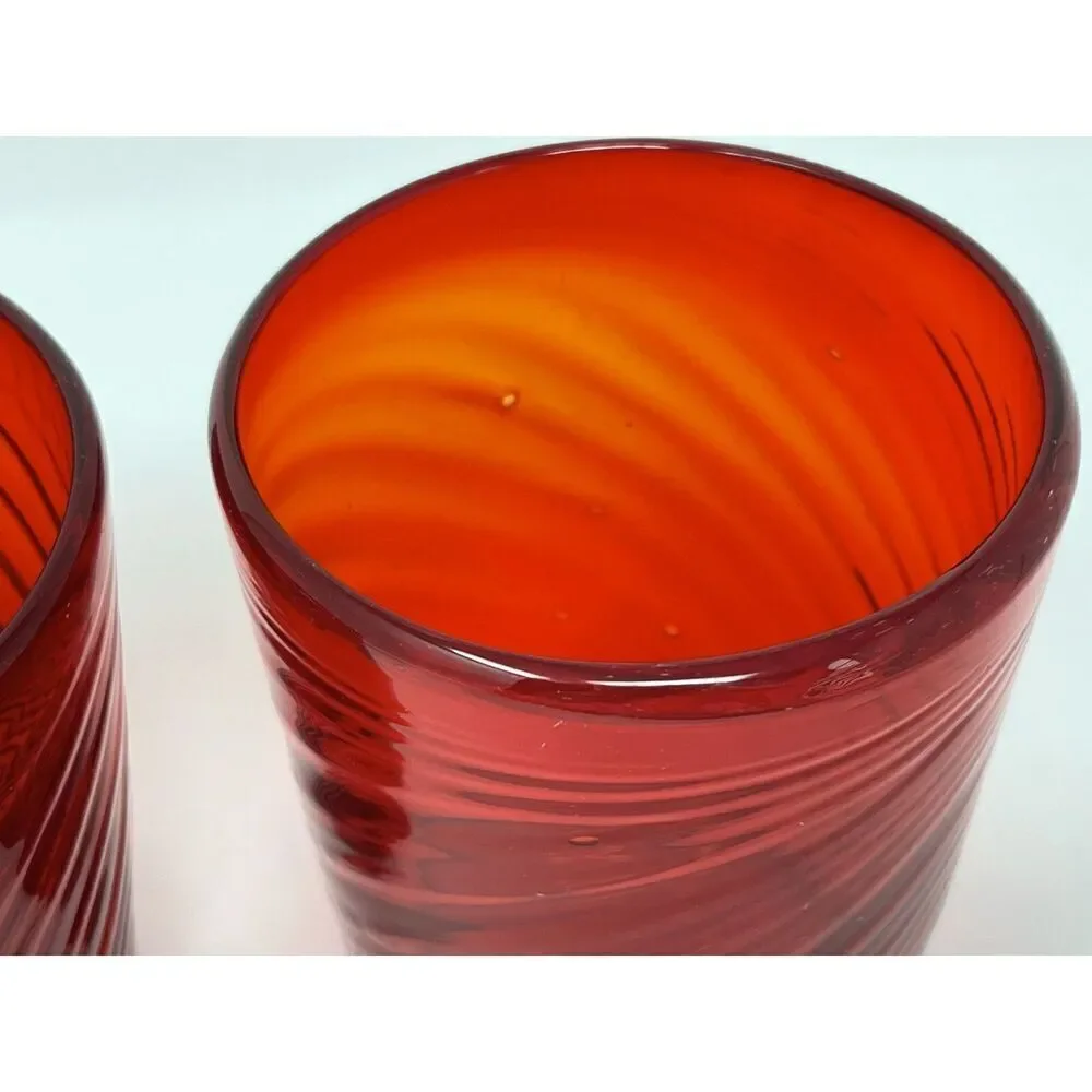 Handblown VALENCIA Garnet Ruby Red Optic Twist Tumbler Glasses 3.75” Set Of 2